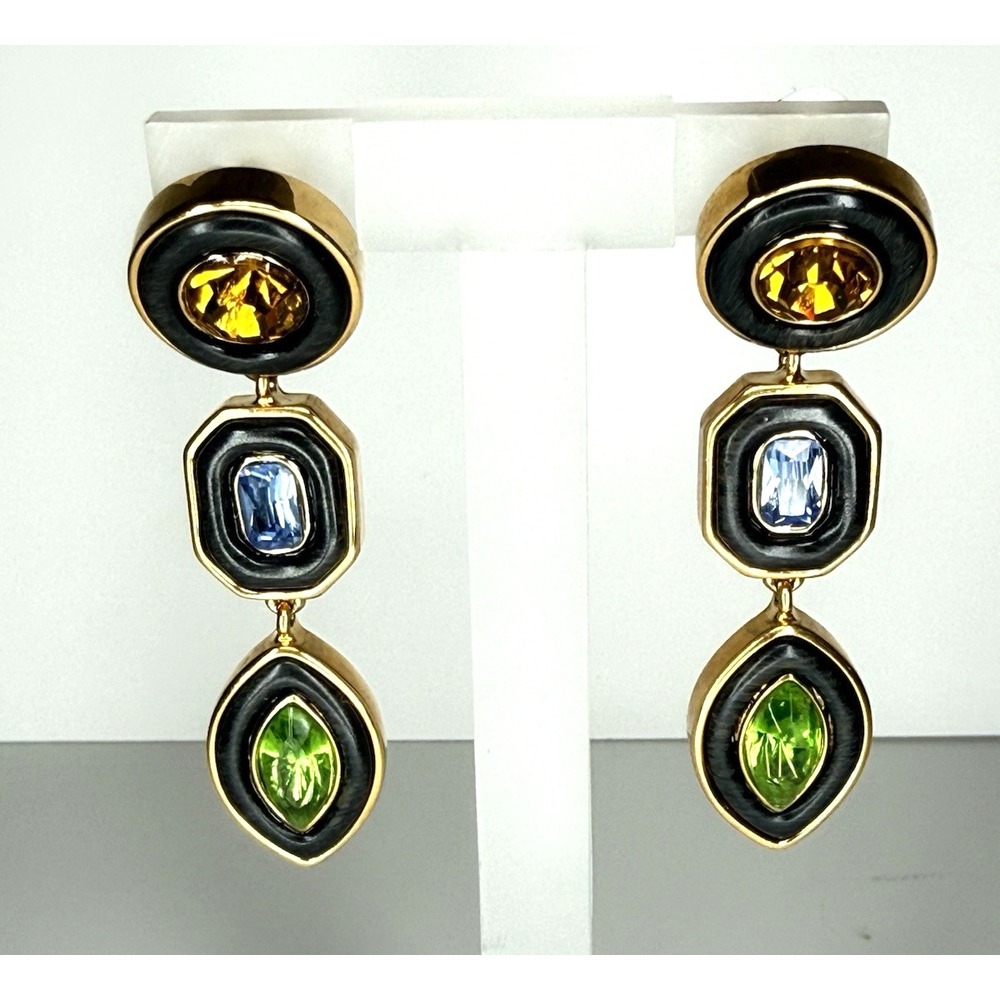Kara Ross Long Black & Gold-Toned Dangle Jeweled Geometric Clip-On Earrings